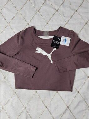 Puma Exhale Mesh Long Sleeve Crop Top Peppercorn Mauve Brown NWT Size XL